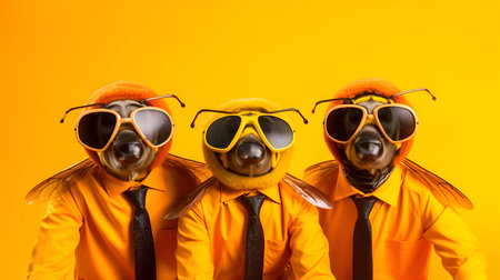 Creative animal concept. Gang family of squirrel in vibrant bright fashionable outfits, commercial, editorial advertisement, surreal surrealism. Group shot.の素材