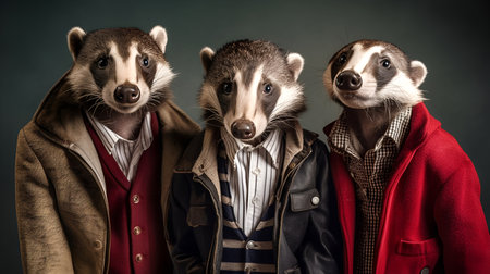 Creative animal concept. Gang family of badger in vibrant bright fashionable outfits, commercial, editorial advertisement, surreal surrealism. Group shot.の素材