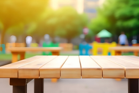 Creative mock concept. Empty wooden table top with colourful children playground field blurred...