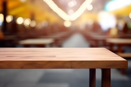 Creative mock concept. Empty wooden table top with canteen cafeteria foodcourt blurred background....