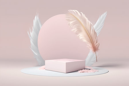 Abstract minimal concept. Pastel pink Podium background with soft feather. Mock up template for product presentation. 3D rendering. copy text spaceの写真素材