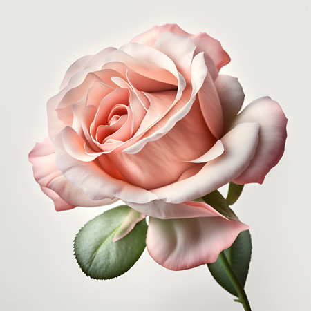 Bouquet of pink rose roses plant with leaves isolated on white background. 3D rendering. Flat lay, top view. macro closeupの写真素材