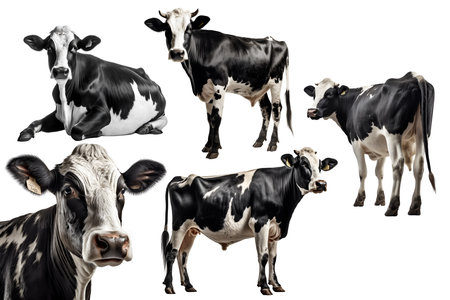 Black white cow, many angles and view portrait side back head shot isolated on white background cutoutの素材