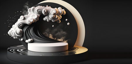 Abstract minimal concept. Monochrome black white background with podium, liquid swirl abstract...
