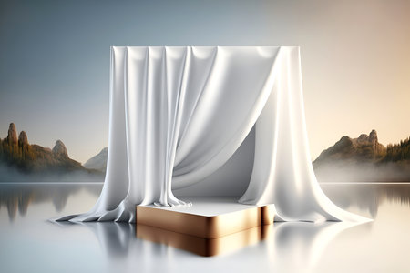 Beautiful silk white cloth floating flying podium stage platform on water with mountain landscape background. Mock up template for product presentation. 3D rendering. copy spaceの写真素材
