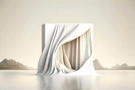 Beautiful silk cloth floating flying podium stage platform on water with mountain landscape background. Mock up template for product presentation. 3D rendering. copy text spaceの写真素材