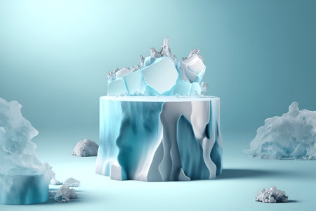 Ice rock stone podium stage platform with mountain landscape background. Mock up template for product presentation. 3D rendering. copy text spaceの写真素材