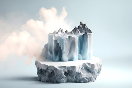 Ice rock stone podium stage platform with mountain landscape background. Mock up template for product presentation. 3D rendering. copy text spaceの写真素材