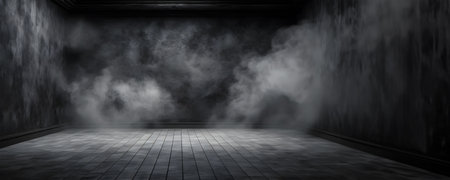 Creative interior concept. Abstract Dark room flooring with smoke fog surrounding. Banner Template for product presentation. Mock up 3D rendering.の写真素材