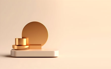 Abstract template concept. Gold shiny chrome podium, abstract geometric cube landscape.. Mock up for product presentation. 3D renderingの写真素材