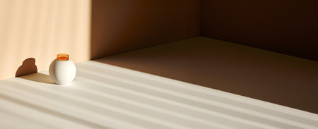 Creative interior concept. Large empty wall room with bottle abstract deco and sunset shadow. Banner...