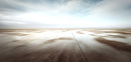 Creative minimal concept. Wide view of grunge flooring with sky sunlight landscape. Banner template...