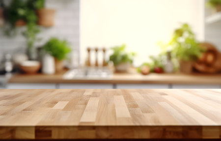 Creative mock concept. Empty wooden table top with kitchen natural shadow blurred background. Template for product presentation display.の写真素材