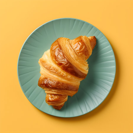 Beautiful whole croissant on blue plate isolated on yellow backgroundの写真素材