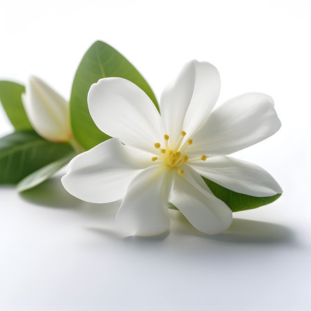 Bouquet of white jasmine flower plant with leaves isolated on white background. 3D rendering. Flat lay, top view. macro closeupの写真素材