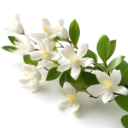 Bouquet of white jasmine flower plant with leaves isolated on white background. 3D rendering. Flat lay, top view. macro closeupの写真素材