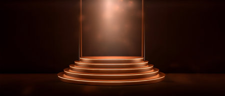 Abstract minimal concept. Wooden plank wood podium on dark background with glow light. Mock up template for product presentation. 3D rendering. copy text spaceの写真素材