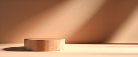 Abstract minimal concept. Wooden plank round wood podium on background with afternoon sunlight shadow. Mock up template for product presentation. 3D rendering. copy text spaceの写真素材