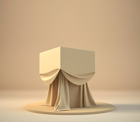 Beautiful pastel gold beige nude cloth floating flying over podium stage platform. Mock up template for product presentation. 3D rendering. copy text spaceの素材