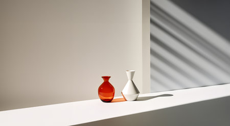 Creative interior concept. Large empty wall room with vase abstract deco and natural shadow. Banner template for product presentation. Mock up 3D rendering living, officeの写真素材