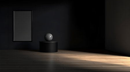 Creative interior concept. Dark large empty wall room with blank frame furniture deco. Banner template for product presentation. Mock up 3D rendering living, office, galleryの写真素材