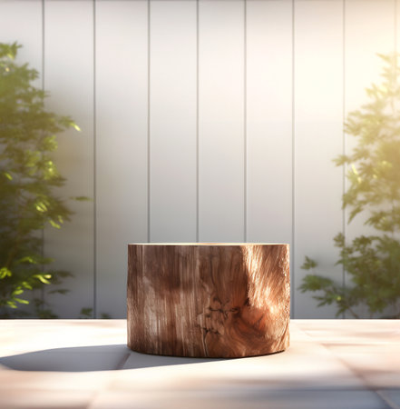 Creative minimal concept. Wooden wood block podium with natural plant blurred shadow background. Mock up template for product presentation. 3D rendering. copy text spaceの写真素材