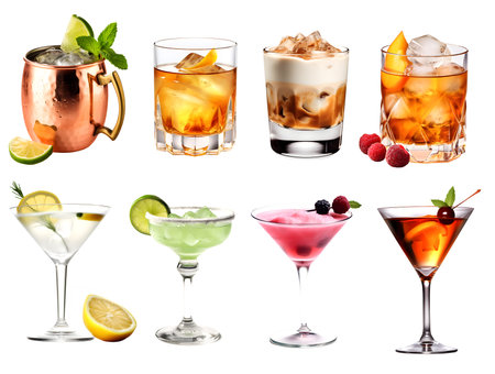Alcohol Cocktail Mocktail. Many assorted different range types isolated on white background cutout.の写真素材