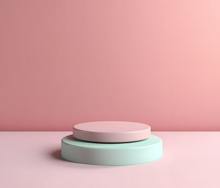 Abstract minimal concept. Pastel pink aqua turquoise round podium on background. Mock up template for product presentation. 3D rendering. copy text spaceの写真素材