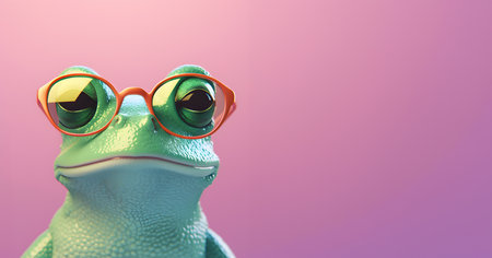 Creative animal concept. frog toad in sunglass shade glasses isolated on solid pastel background, commercial, editorial advertisement, surreal surrealism. Generative AIの素材