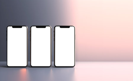 smartphone handphone phone with white screen cutout on light gradient background. Mockup template for artwork design. Copy text space. 3D renderingの写真素材