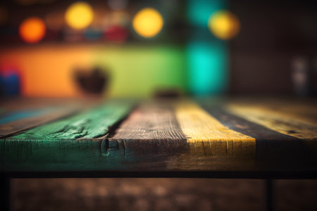 Creative interior concept. Empty rustic painted wooden table top with colourful blur light bokeh...