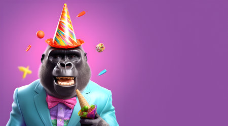 Creative animal concept. Gorilla in party cone hat necklace bowtie outfit isolated on solid pastel background advertisement, copy text space. birthday party invite invitationの素材