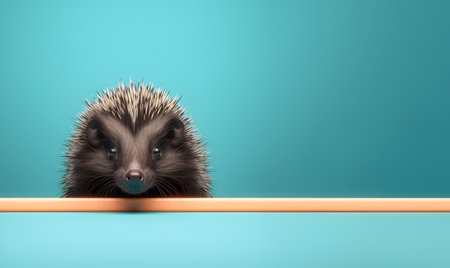 Creative animal concept. Porcupine peeking over pastel bright background. advertisement, banner, card. copy text space. birthday party invite invitationの素材