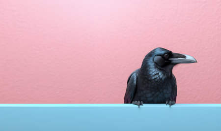 Creative animal concept. Black crow peeking over pastel bright background. advertisement, banner, card. copy text space. birthday party invite invitationの素材