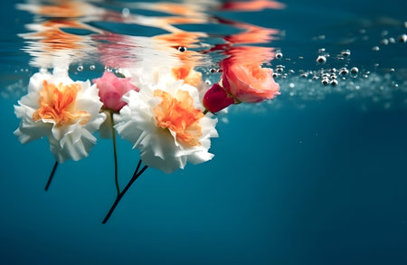 Creative floral concept. Fresh pastel blossom spring flowers underwater. advertisement, banner, ad, poster, wallpaper.の素材