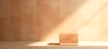 Abstract minimal concept. Cube square wood podium on background with afternoon sunlight shadow. Mock up template for product presentation. 3D rendering. copy text spaceの写真素材