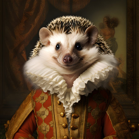 Realistic lifelike hedgehog in renaissance regal medieval noble royal outfits, commercial, editorial advertisement, surreal surrealism. 18th-century historical.の素材