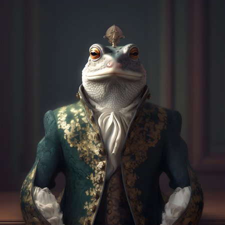 Realistic lifelike frog toad in renaissance regal medieval noble royal outfits, commercial, editorial advertisement, surreal surrealism. 18th-century historical.の素材
