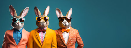 Creative animal concept. rabbit bunny in a group, vibrant bright fashionable outfits isolated on solid background advertisement, copy text space. birthday party invitationの素材