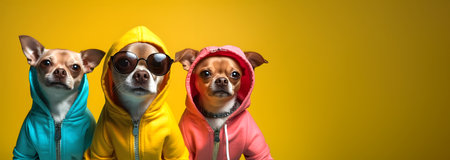 Creative animal concept. Chihuahua dog puppy in a group, vibrant bright fashionable outfits isolated on solid background advertisement, copy text space. birthday party invitationの素材