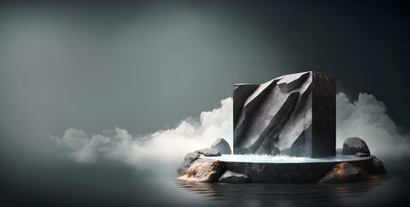 Abstract minimal concept. Dark background with natural granite stones podium on water and smoke surrounding. Mock up template for product presentation. 3D rendering.の写真素材
