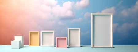 Abstract minimal concept. Pastel multi colour background with empty blank photo frames, abstract clouds landscape. Mock up template for product presentation. 3D rendering.の写真素材