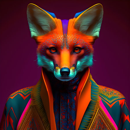 Realistic lifelike fox in fluorescent electric highlighters ultra-bright neon outfits, commercial, editorial advertisement, surreal surrealism. 80s Era comeback.の素材
