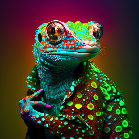 Realistic lifelike gecko reptile in fluorescent electric highlighters ultra-bright neon outfits, commercial, editorial advertisement, surreal surrealism. 80s Era comeback.の素材