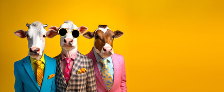 Creative animal concept. Cow in a group, vibrant bright fashionable outfits isolated on solid background advertisement, copy text space. birthday party invite invitationの素材