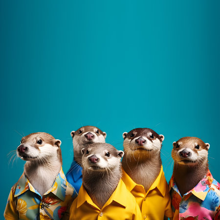 Creative animal concept. Otter in a group, vibrant bright fashionable outfits isolated on solid background advertisement, copy text space. birthday party invite invitationの素材