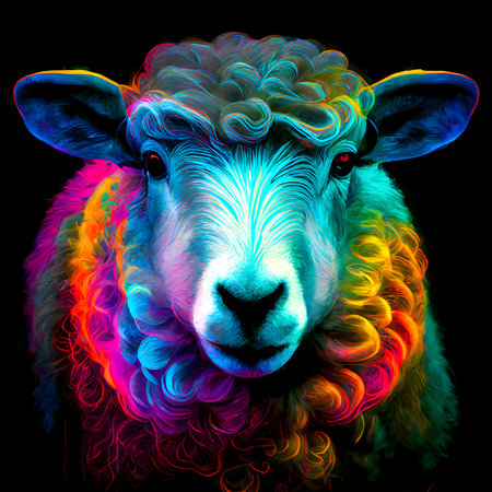 Sheep lamb in abstract, graphic highlighters lines rainbow ultra-bright neon artistic portrait, commercial, editorial advertisement. Isolated on dark background.の素材