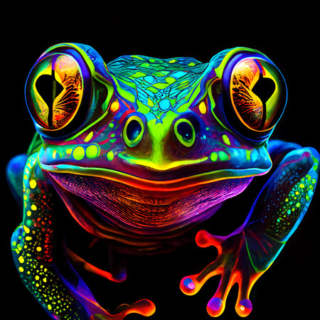 Frog toad in abstract, graphic highlighters lines rainbow ultra-bright neon artistic portrait, commercial, editorial advertisement. Isolated on dark background.の素材