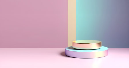 Abstract minimal concept. Pastel colourful glossy holographic glowing light round podium on background. Mock up template for product presentation. 3D rendering. copy text spaceの写真素材