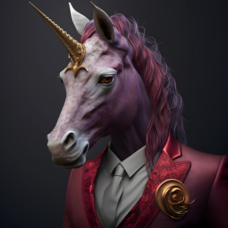 Realistic lifelike unicorn in dapper high end luxury formal suit and shirt, commercial, editorial advertisement, surreal surrealism. Generative AIの素材